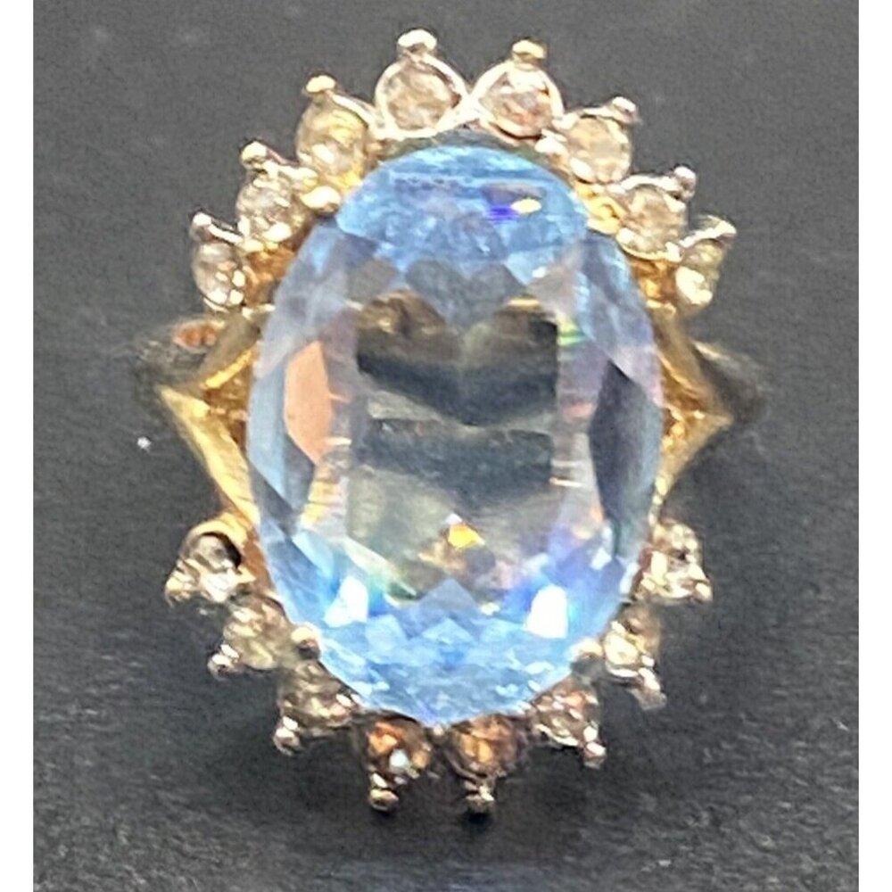 Faux Aquamarine Ring CZ 18K GE Yellow Gold Electroplate Sz 9 March BDay Cocktail - Picture 5 of 7